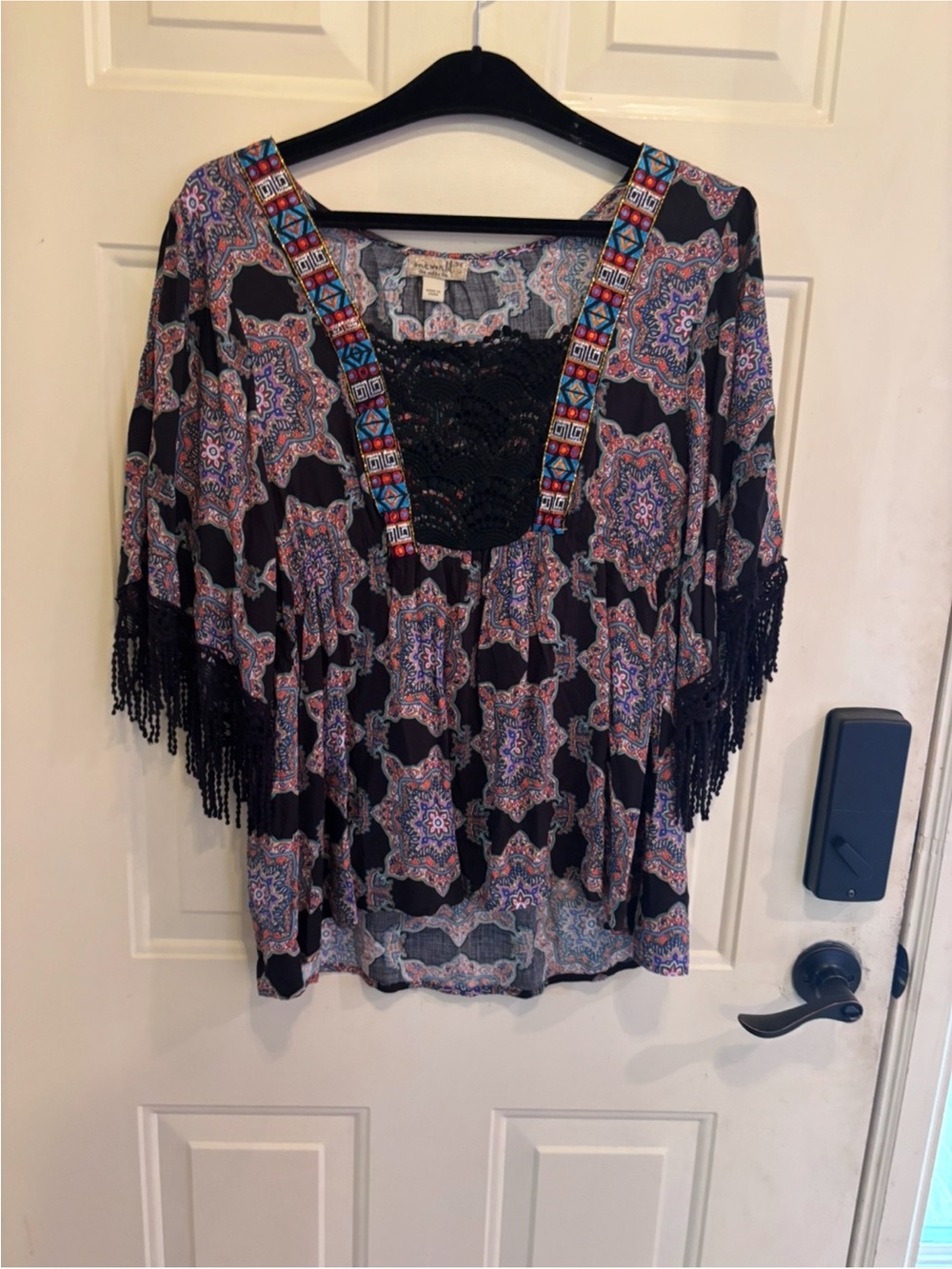 ONE WORLD Boho Chic Black Tunic with Purple Medallion Print & Fringe - Picture 2 of 5
